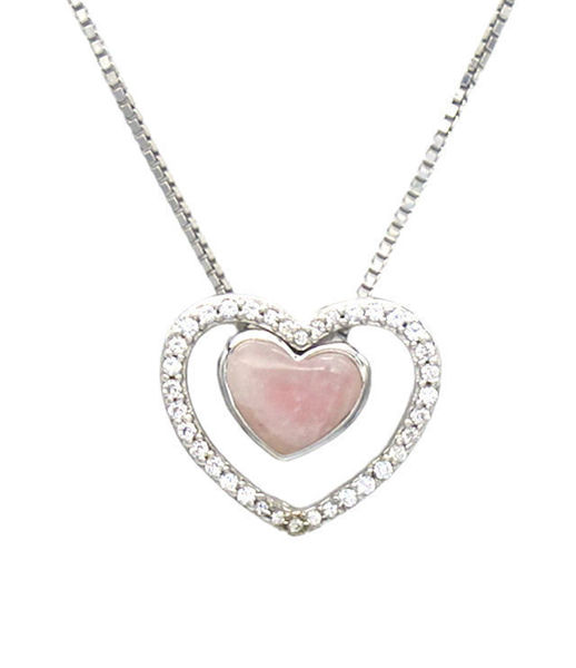 Picture of Pink Rose Quartz and CZ with 925 Sterling Silver,  2-in-1 Combination Heart Necklace.